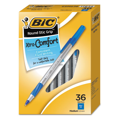 BIC® wholesale. BIC Round Stic Grip Xtra Comfort Stick Ballpoint Pen Value Pack, 1.2mm, Blue Ink, Gray Barrel, 36-pack. HSD Wholesale: Janitorial Supplies, Breakroom Supplies, Office Supplies.