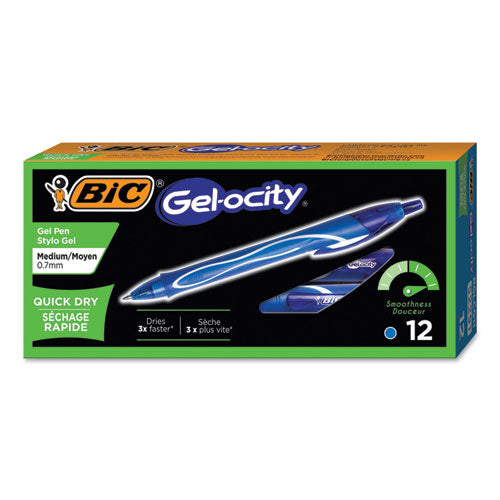 BIC® wholesale. BIC Gel-Ocity Quick Dry Retractable Gel Pen, Medium 0.7mm, Blue Ink-barrel, Dozen. HSD Wholesale: Janitorial Supplies, Breakroom Supplies, Office Supplies.