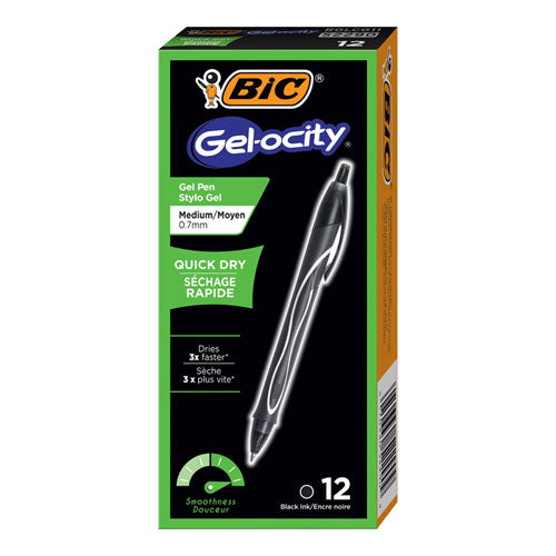 BIC® wholesale. BIC Gel-Ocity Quick Dry Retractable Gel Pen, Medium 0.7mm, Black Ink-barrel, Dozen. HSD Wholesale: Janitorial Supplies, Breakroom Supplies, Office Supplies.