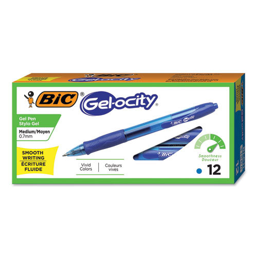 BIC® wholesale. BIC Gel-Ocity Retractable Gel Pen, 0.7 Mm, Blue Ink, Translucent Blue Barrel, Dozen. HSD Wholesale: Janitorial Supplies, Breakroom Supplies, Office Supplies.