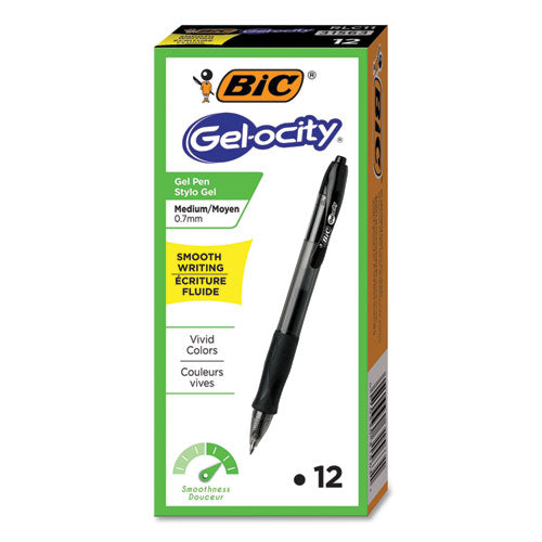 BIC® wholesale. BIC Gel-Ocity Retractable Gel Pen, 0.7 Mm, Black Ink, Translucent Black Barrel, Dozen. HSD Wholesale: Janitorial Supplies, Breakroom Supplies, Office Supplies.