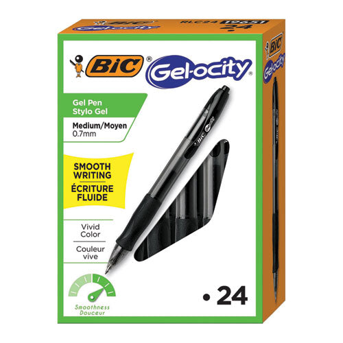 BIC® wholesale. BIC Gel-Ocity Retractable Gel Pen Value Pack, Medium 0.7 Mm, Black Ink-barrel, 24-pack. HSD Wholesale: Janitorial Supplies, Breakroom Supplies, Office Supplies.