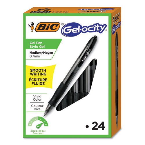 BIC® wholesale. BIC Gel-Ocity Retractable Gel Pen Value Pack, Medium 0.7 Mm, Black Ink-barrel, 24-pack. HSD Wholesale: Janitorial Supplies, Breakroom Supplies, Office Supplies.