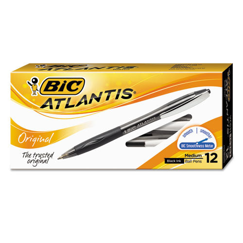 BIC® wholesale. BIC Atlantis Retractable Ballpoint Pen, Medium 1mm, Black Ink-barrel, Dozen. HSD Wholesale: Janitorial Supplies, Breakroom Supplies, Office Supplies.