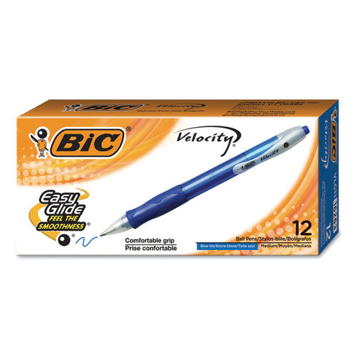BIC® wholesale. BIC Velocity Retractable Ballpoint Pen, 1mm, Blue Ink, Trans Blue Barrel, Dozen. HSD Wholesale: Janitorial Supplies, Breakroom Supplies, Office Supplies.