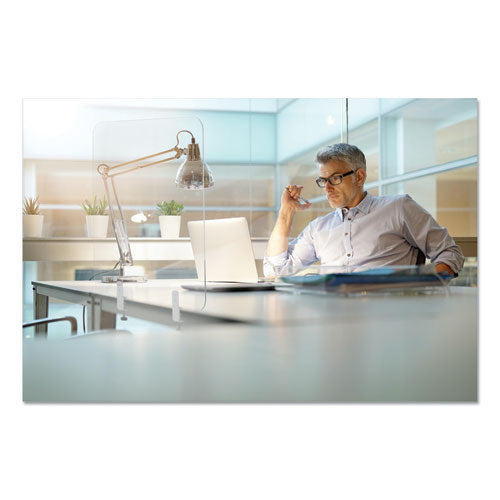 MasterVision® wholesale. Protector Series Frameless Glass Desktop Divider, 35.4 X 0.16 X 35.4, Clear-aluminum. HSD Wholesale: Janitorial Supplies, Breakroom Supplies, Office Supplies.
