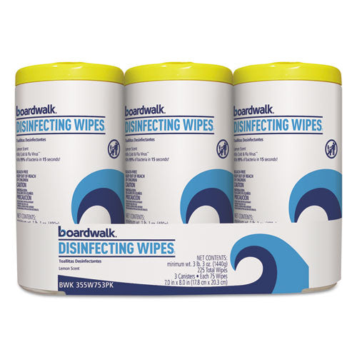Boardwalk® wholesale. Boardwalk Disinfecting Wipes, 8 X 7, Lemon Scent, 75-canister, 3 Canisters-pack, 4-pks-ct. HSD Wholesale: Janitorial Supplies, Breakroom Supplies, Office Supplies.