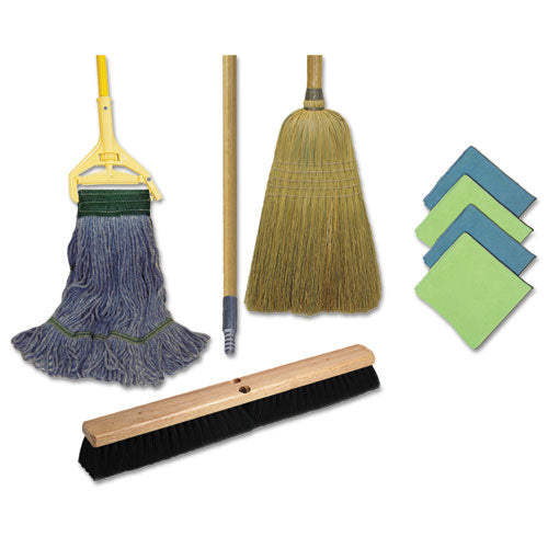 Boardwalk® wholesale. Boardwalk Cleaning Kit, 1 Mop, 2 Handles, 1 Push Broom, 1 Maids Broom, 4 Microfiber Wipes. HSD Wholesale: Janitorial Supplies, Breakroom Supplies, Office Supplies.