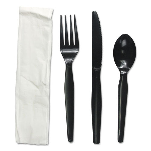 Boardwalk® wholesale. Boardwalk Four-piece Cutlery Kit, Fork-knife-napkin-teaspoon, Heavyweight, Black, 250-carton. HSD Wholesale: Janitorial Supplies, Breakroom Supplies, Office Supplies.