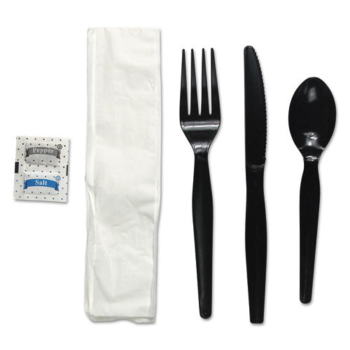 Boardwalk® wholesale. Boardwalk Six-piece Cutlery Kit, Condiment-fork-knife-napkin-spoon, Heavyweight, Black, 250-carton. HSD Wholesale: Janitorial Supplies, Breakroom Supplies, Office Supplies.