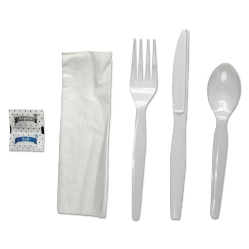 Boardwalk® wholesale. Boardwalk Six-piece Cutlery Kit, Condiment-fork-knife-napkin-spoon, Heavyweight, White, 250-carton. HSD Wholesale: Janitorial Supplies, Breakroom Supplies, Office Supplies.