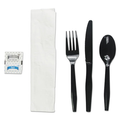 Boardwalk® wholesale. Boardwalk Six-piece Cutlery Kit, Condiment-fork-knife-napkin-teaspoon, Black, 250-carton. HSD Wholesale: Janitorial Supplies, Breakroom Supplies, Office Supplies.