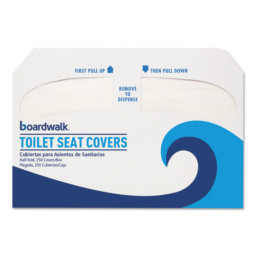 Boardwalk® wholesale. Boardwalk Premium Half-fold Toilet Seat Covers, 14.25 X 16.5, White, 250 Covers-sleeve, 20 Sleeves-carton. HSD Wholesale: Janitorial Supplies, Breakroom Supplies, Office Supplies.