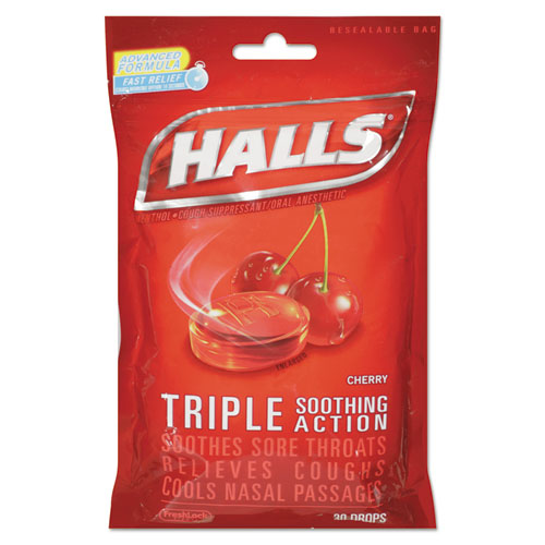HALLS wholesale. Triple Action Cough Drops, Cherry, 30-bag, 12 Bags-box. HSD Wholesale: Janitorial Supplies, Breakroom Supplies, Office Supplies.