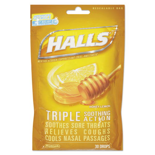 HALLS wholesale. Triple Action Cough Drops, Honey-lemon, 30-bag, 12 Bags-box. HSD Wholesale: Janitorial Supplies, Breakroom Supplies, Office Supplies.
