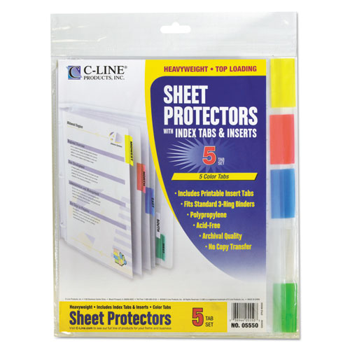 C-Line® wholesale. Sheet Protectors With Index Tabs, Assorted Color Tabs, 2", 11 X 8 1-2, 5-st. HSD Wholesale: Janitorial Supplies, Breakroom Supplies, Office Supplies.