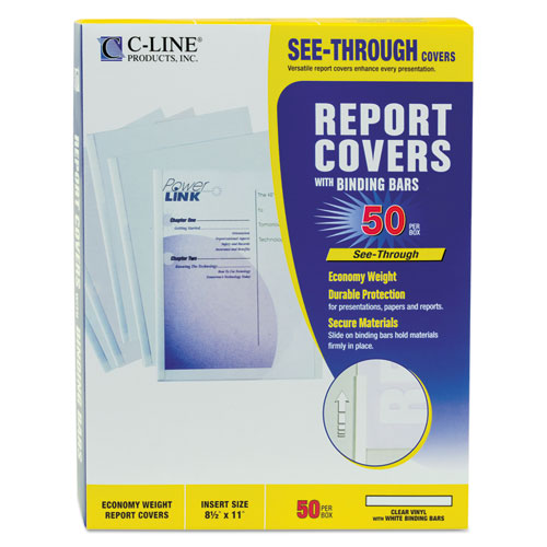 C-Line® wholesale. Report Covers With Binding Bars, Economy Vinyl, Clear, 8 1-2 X 11, 50-bx. HSD Wholesale: Janitorial Supplies, Breakroom Supplies, Office Supplies.