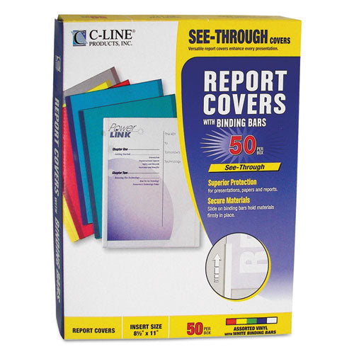 C-Line® wholesale. Report Covers With Binding Bars, Vinyl, Assorted, 8 1-2 X 11, 50-bx. HSD Wholesale: Janitorial Supplies, Breakroom Supplies, Office Supplies.