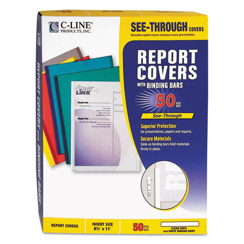 C-Line® wholesale. Report Covers With Binding Bars, Vinyl, Clear, 1-8" Capacity, 50-box. HSD Wholesale: Janitorial Supplies, Breakroom Supplies, Office Supplies.