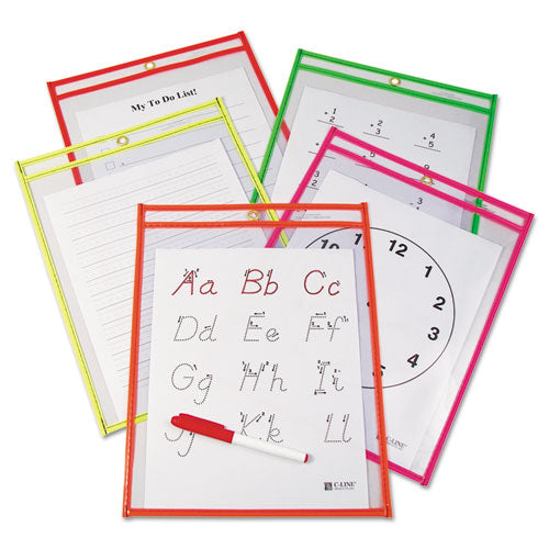 C-Line® wholesale. Reusable Dry Erase Pockets, 9 X 12, Assorted Neon Colors, 25-box. HSD Wholesale: Janitorial Supplies, Breakroom Supplies, Office Supplies.