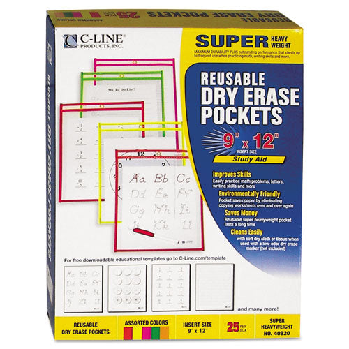 C-Line® wholesale. Reusable Dry Erase Pockets, 9 X 12, Assorted Neon Colors, 25-box. HSD Wholesale: Janitorial Supplies, Breakroom Supplies, Office Supplies.
