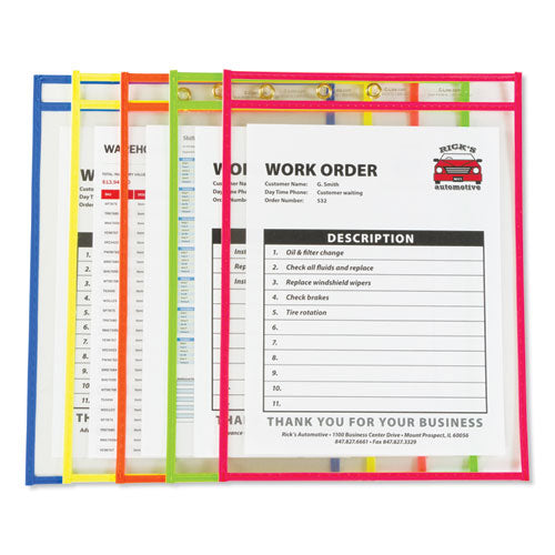 C-Line® wholesale. Stitched Shop Ticket Holders, Neon, Assorted 5 Colors, 75", 9 X 12, 10-pack. HSD Wholesale: Janitorial Supplies, Breakroom Supplies, Office Supplies.