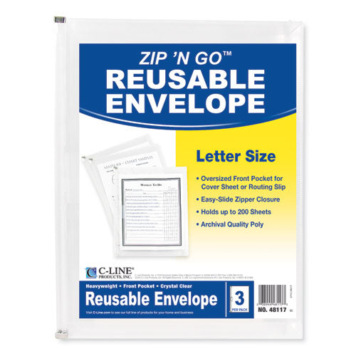 C-Line® wholesale. Zip N Go Reusable Envelope W-outer Pocket, 13 X 10, Clear, 3-pack. HSD Wholesale: Janitorial Supplies, Breakroom Supplies, Office Supplies.