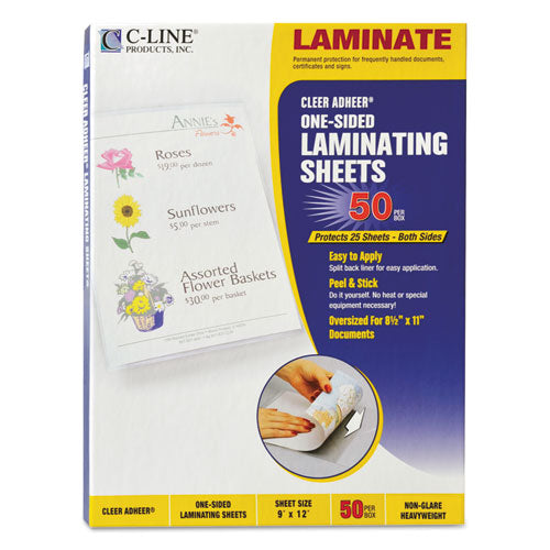 C-Line® wholesale. Cleer Adheer Self-adhesive Laminating Film, 2 Mil, 9" X 12", Non-glare Clear, 50-box. HSD Wholesale: Janitorial Supplies, Breakroom Supplies, Office Supplies.