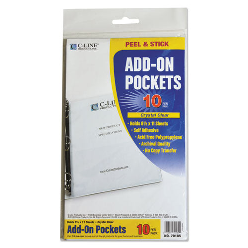 C-Line® wholesale. Peel And Stick Add-on Filing Pockets, 25", 11 X 8 1-2, 10-pack. HSD Wholesale: Janitorial Supplies, Breakroom Supplies, Office Supplies.