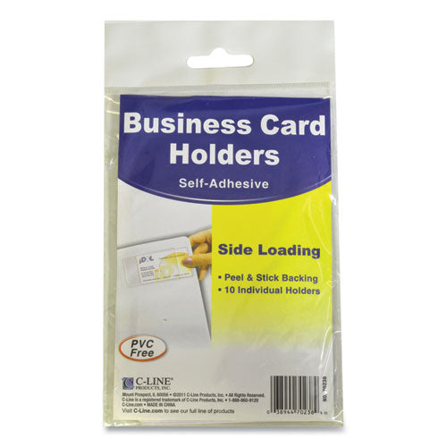 C-Line® wholesale. Self-adhesive Business Card Holders, Side Load, 2 X 3 1-2, Clear, 10-pack. HSD Wholesale: Janitorial Supplies, Breakroom Supplies, Office Supplies.