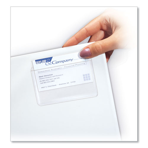 C-Line® wholesale. Self-adhesive Business Card Holders, Top Load, 2 X 3 1-2, Clear, 10-pack. HSD Wholesale: Janitorial Supplies, Breakroom Supplies, Office Supplies.