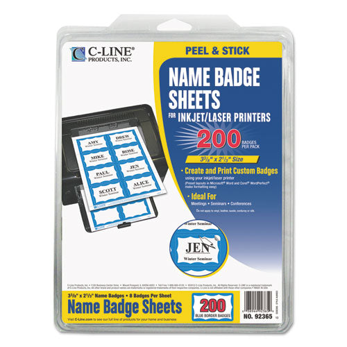 C-Line® wholesale. Laser Printer Name Badges, 3 3-8 X 2 1-3, White-blue, 200-box. HSD Wholesale: Janitorial Supplies, Breakroom Supplies, Office Supplies.