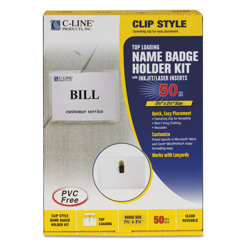 C-Line® wholesale. Name Badge Kits, Top Load, 3 1-2 X 2 1-4, Clear, 50-box. HSD Wholesale: Janitorial Supplies, Breakroom Supplies, Office Supplies.