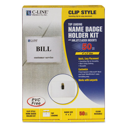 C-Line® wholesale. Name Badge Kits, Top Load, 4 X 3, Clear, 50-box. HSD Wholesale: Janitorial Supplies, Breakroom Supplies, Office Supplies.