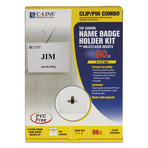 C-Line® wholesale. Name Badge Kits, Top Load, 4 X 3, Clear, Combo Clip-pin, 50-box. HSD Wholesale: Janitorial Supplies, Breakroom Supplies, Office Supplies.