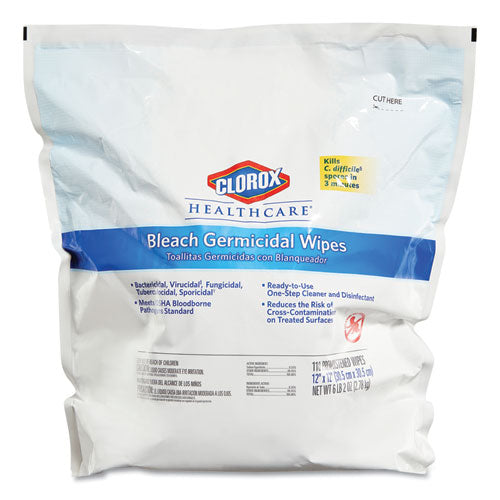 Clorox® Healthcare® wholesale. Clorox® Bleach Germicidal Wipes, 12 X 12, Unscented, 110-refill, 2-carton. HSD Wholesale: Janitorial Supplies, Breakroom Supplies, Office Supplies.