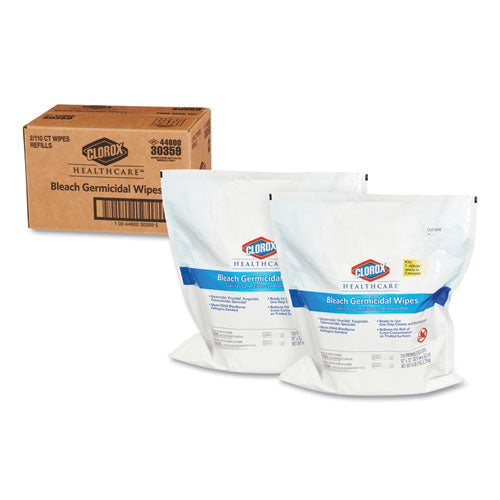 Clorox® Healthcare® wholesale. Clorox® Bleach Germicidal Wipes, 12 X 12, Unscented, 110-refill, 2-carton. HSD Wholesale: Janitorial Supplies, Breakroom Supplies, Office Supplies.