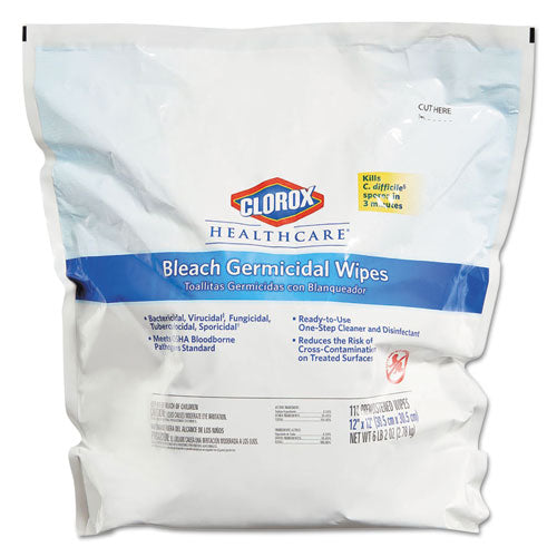 Clorox® Healthcare® wholesale. Clorox® Bleach Germicidal Wipes, 12 X 12, Unscented, 110-bag. HSD Wholesale: Janitorial Supplies, Breakroom Supplies, Office Supplies.