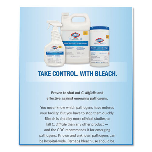 Clorox® Healthcare® wholesale. Clorox® Bleach Germicidal Wipes, 6 X 5, Unscented, 150-canister, 6 Canisters-carton. HSD Wholesale: Janitorial Supplies, Breakroom Supplies, Office Supplies.