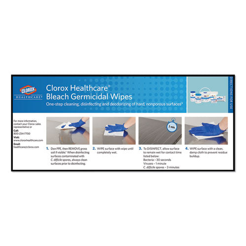 Clorox® Healthcare® wholesale. Clorox® Bleach Germicidal Wipes, 6 X 5, Unscented, 150-canister. HSD Wholesale: Janitorial Supplies, Breakroom Supplies, Office Supplies.