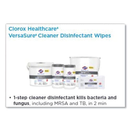Clorox® Healthcare® wholesale. Clorox® Versasure Cleaner Disinfectant Wipes, 1-ply, 6.75" X 8", White, 85-canister, 6 Canisters-carton. HSD Wholesale: Janitorial Supplies, Breakroom Supplies, Office Supplies.