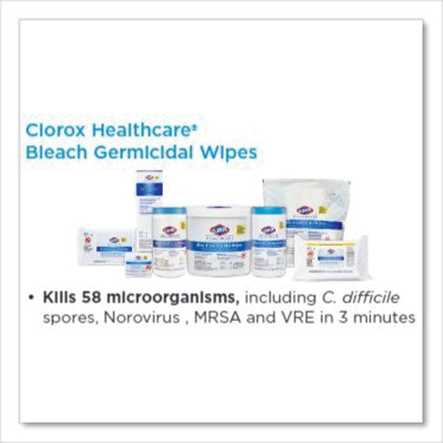 Clorox® Healthcare® wholesale. Clorox® Bleach Germicidal Wipes, 6 3-4 X 9, Unscented, 70-canister. HSD Wholesale: Janitorial Supplies, Breakroom Supplies, Office Supplies.
