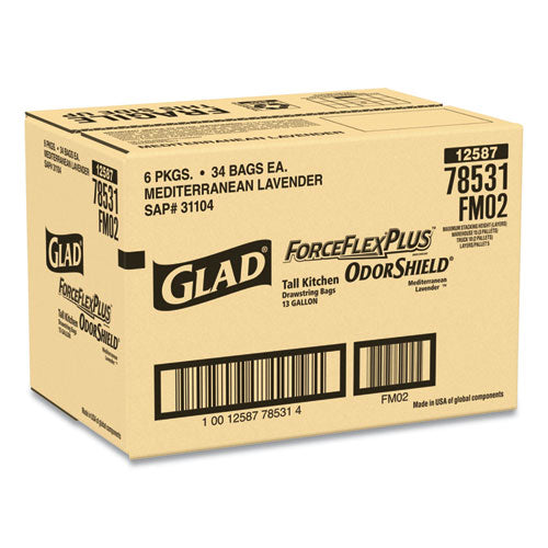 Glad® wholesale. Forceflexplus Odorshield Tall Kitchen Drawstring Trash Bags, 13 Gal, 0.9 Mil, 24" X 28", White, 204-carton. HSD Wholesale: Janitorial Supplies, Breakroom Supplies, Office Supplies.