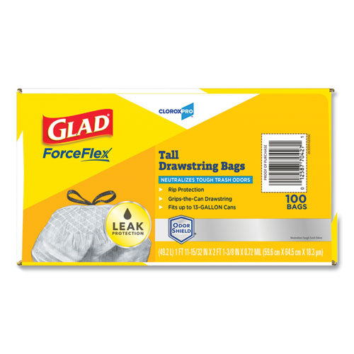 Glad® wholesale. Forceflex Tall Kitchen Drawstring Trash Bags, 13 Gal, 0.72 Mil, 23.75" X 24.88", Gray, 100-box. HSD Wholesale: Janitorial Supplies, Breakroom Supplies, Office Supplies.
