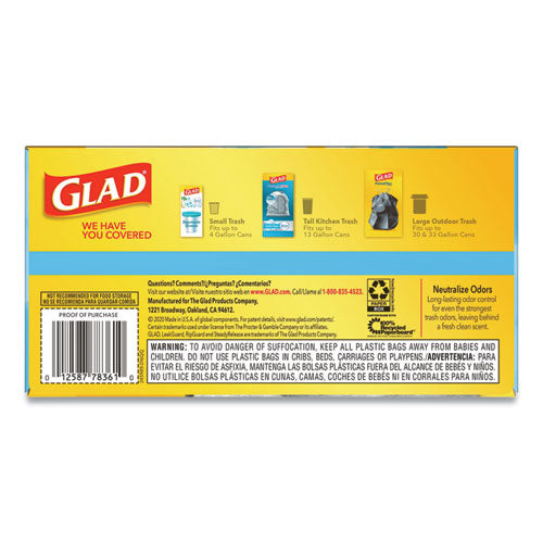 Glad® wholesale. Odorshield Tall Kitchen Drawstring Bags, 13 Gal, 0.78 Mil, 24" X 27.38", White, 240-carton. HSD Wholesale: Janitorial Supplies, Breakroom Supplies, Office Supplies.