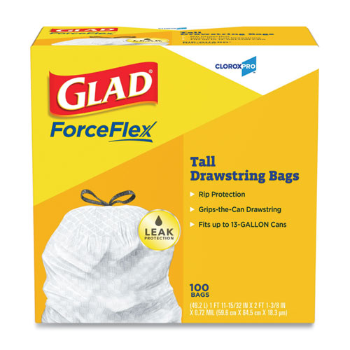 Glad® wholesale. Tall Kitchen Drawstring Trash Bags, 13 Gal, 0.72 Mil, 24" X 27.38", Gray, 400-carton. HSD Wholesale: Janitorial Supplies, Breakroom Supplies, Office Supplies.