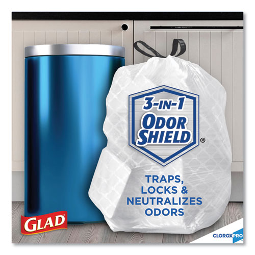 Glad® wholesale. Tall Kitchen Drawstring Trash Bags, 13 Gal, 0.72 Mil, 24" X 27.38", Gray, 100-box. HSD Wholesale: Janitorial Supplies, Breakroom Supplies, Office Supplies.