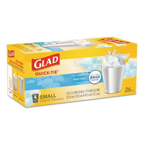 Glad® wholesale. Odorshield Quick-tie Small Trash Bags, 4 Gal, 0.5 Mil, 8" X 18", White, 156-carton. HSD Wholesale: Janitorial Supplies, Breakroom Supplies, Office Supplies.