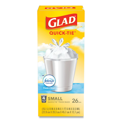 Glad® wholesale. Odorshield Quick-tie Small Trash Bags, 4 Gal, 0.5 Mil, 8" X 18", White, 156-carton. HSD Wholesale: Janitorial Supplies, Breakroom Supplies, Office Supplies.