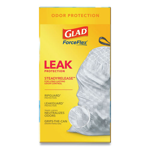Glad® wholesale. Odorshield Tall Kitchen Drawstring Bags, 13 Gal, 0.95 Mil, 24" X 27.38", White, 240-carton. HSD Wholesale: Janitorial Supplies, Breakroom Supplies, Office Supplies.